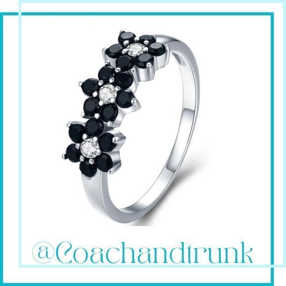 Ivy Sparkle and Stone Jewelry - 925 Hallmark 18 Black Spinel and 3 White Zirconia Prong Set 3 Flower Size 8 Ring